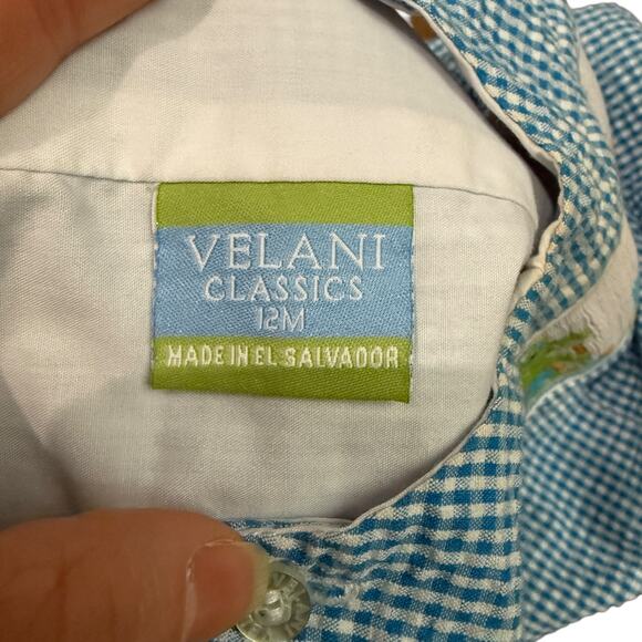 Velani Light Blue Check Smocked Green Alligator Day at Beach Jon Jon 12Months - Picture 3 of 5